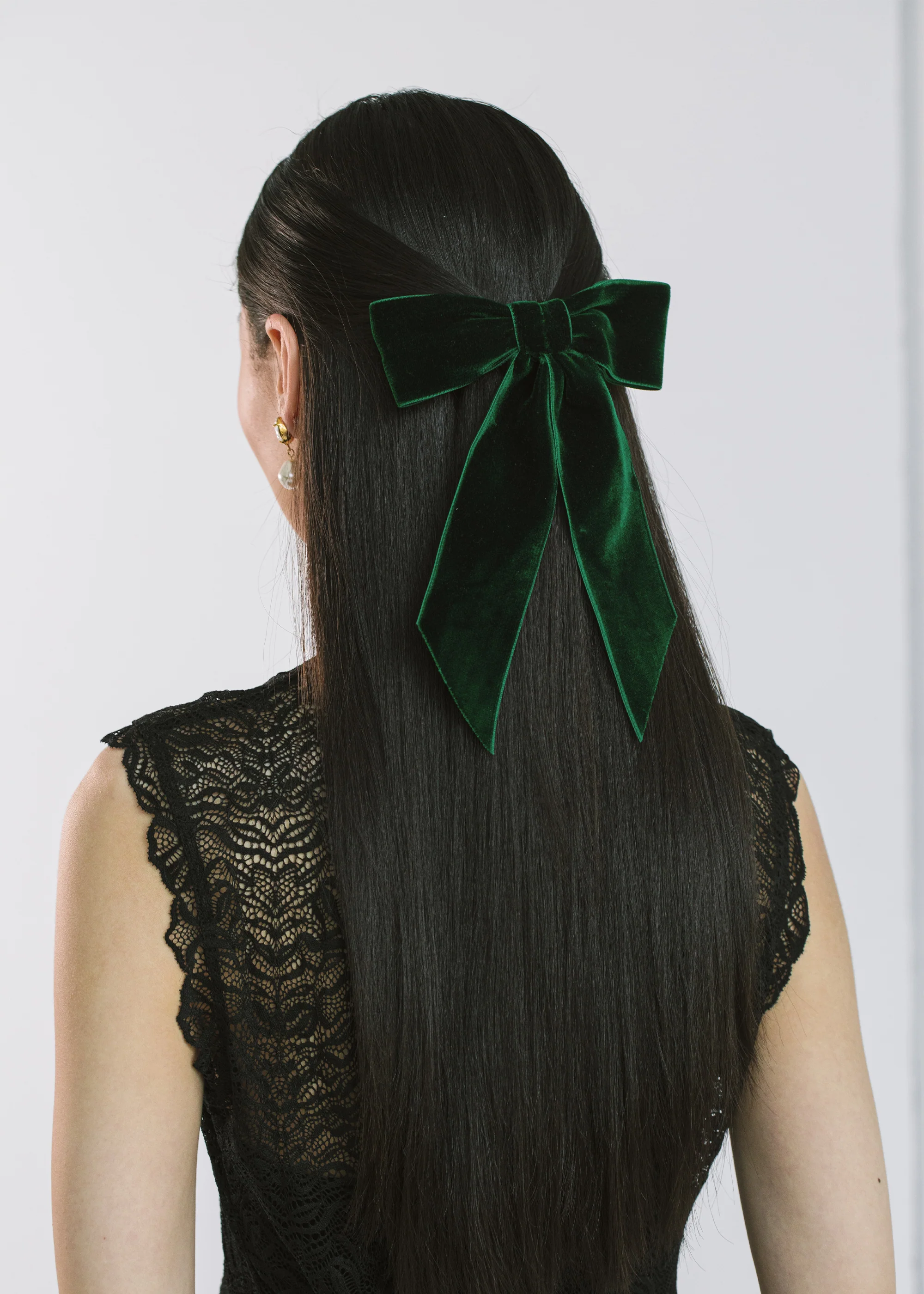 Wide Velvet Bow Barrette -- Emerald