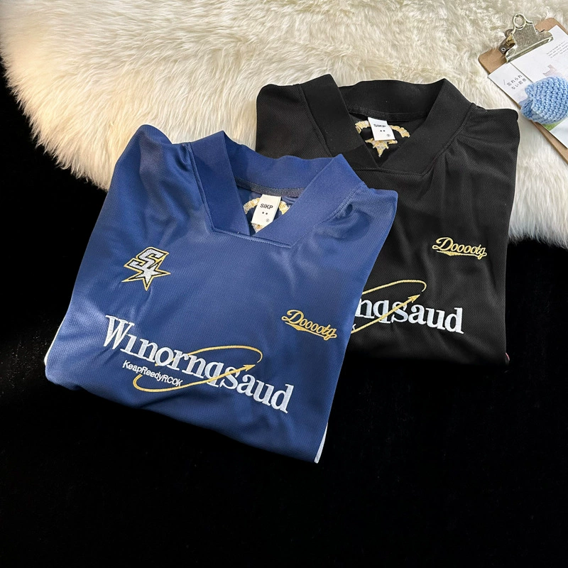 American-style high street jersey V-neck short-sleeved T-shirt for men, summer retro embroidered patchwork color blocking sportswear